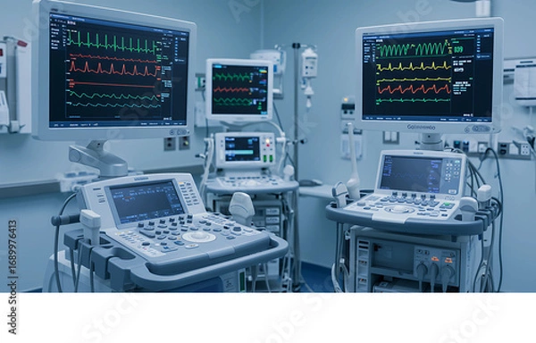 Fototapeta Advanced medical equipment in a hospital setting with vital sign monitors and ultrasound machines