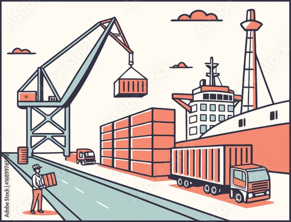 Obraz Port Terminal with Cranes Loading Cargo Containers
