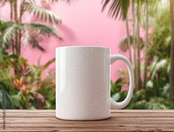 Fototapeta Blank white mug on a weathered wood surface. Lush tropical foliage blurs behind against a vibrant pink wall bathed in sunshine