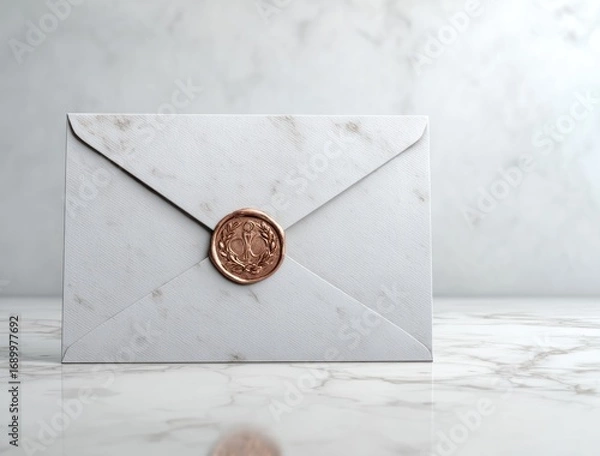 Fototapeta Marble envelope, sealed with a copper-toned seal bearing an emblem, rests upon a matching marble surface against a soft, blurred background