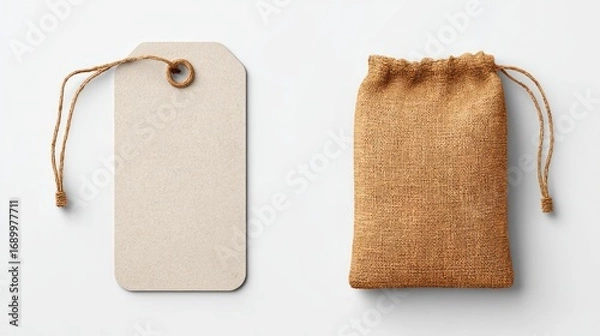 Fototapeta Beige tag with string & small brown bag, both lying flat on a white surface, casting soft shadows. Clean, minimalist design