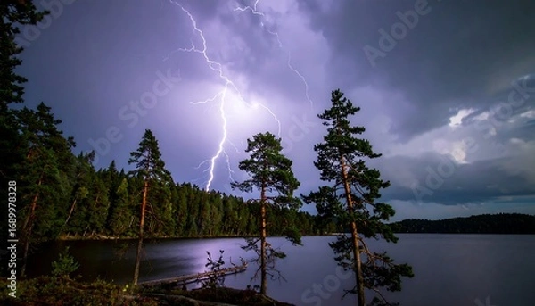 Fototapeta Nighttime landscape of a lake and forest with a dramatic lightning strike