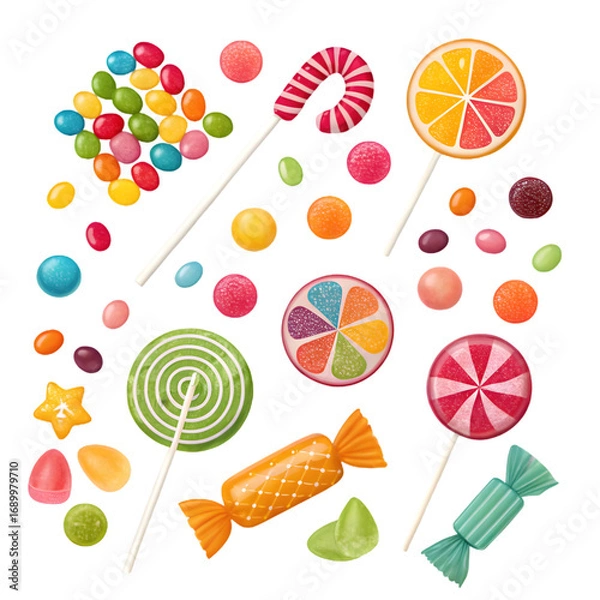 Fototapeta Vibrant Candy Collection: Lollipops, Gummy Candies, and Wrapped Sweets on transparent background