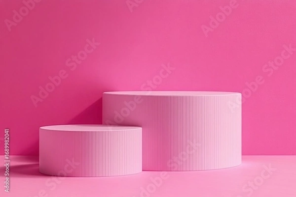 Fototapeta Two pink cylindrical podiums of different heights against a matching pink textured background creating a minimalist and modern visual