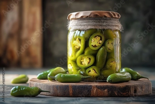 Fototapeta Glass jar filled with sliced green jalapeño peppers placed on a round wooden board surrounded by whole fresh jalapeño peppers on a rustic table
