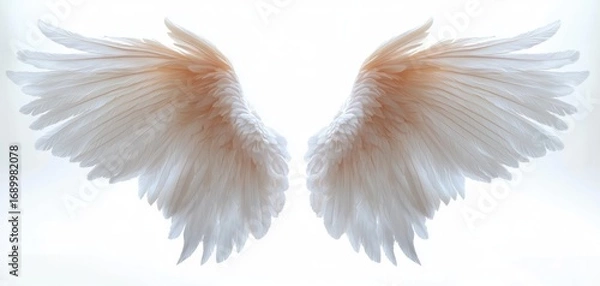 Fototapeta A pair of large, soft, white angelic wings spread symmetrically against a bright, light background