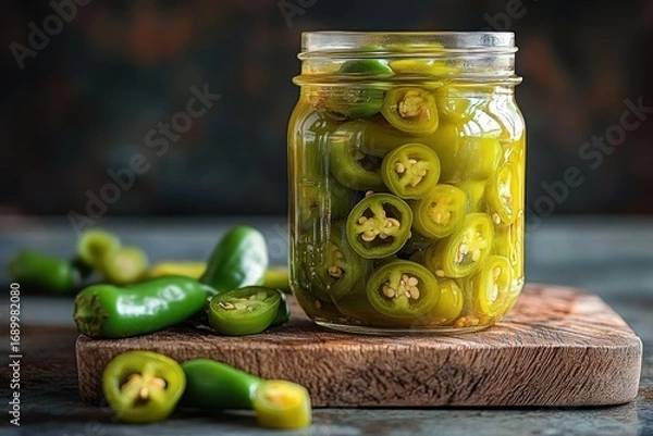 Fototapeta Glass jar filled with sliced pickled green jalapeño peppers on wooden chopping board with whole and sliced fresh jalapeños scattered around