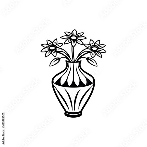Fototapeta Elegant monochrome vase arrangement filled with delicate daisylike flowers and leaves silhouette vector