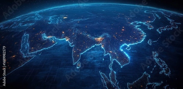 Fototapeta Digital glowing neon map of South and Southeast Asia at night showing illuminated cities and geographical borders with a futuristic high-tech appearance