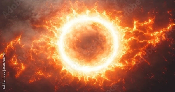 Fototapeta Bright fiery orange ring with glowing electric arcs on a dark smoky background, evoking intense energy and dynamic movement