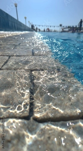 Obraz Low-angle view of a pool's edge with sunlit water and blurred figures in the background, capturing a sense of summer relaxation and refreshing vibes