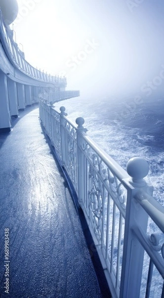 Obraz A cruise ship deck recedes into a dense, blue-tinted fog, obscuring the ocean view. White railings line the walkway, leading towards an unseen horizon