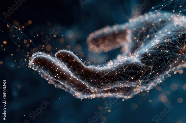 Fototapeta Digital hand made of interconnected nodes, glowing softly against a dark backdrop, symbolizing connection and technology
