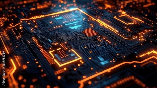 Fototapeta Close-up view of a futuristic electronic circuit board with glowing orange and blue lines and intricate patterns representing advanced technology