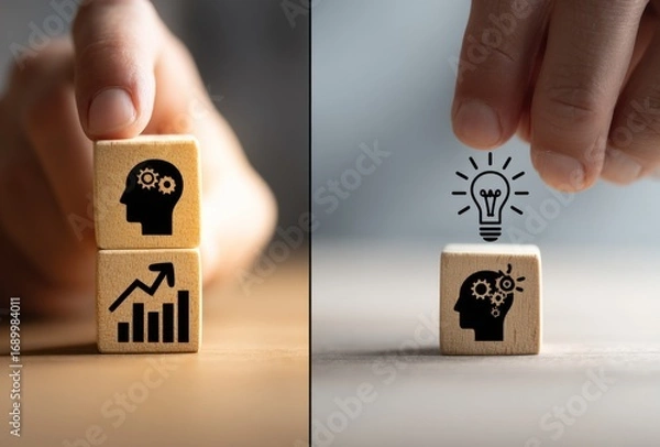 Fototapeta Conceptual images show two wooden blocks representing head gears and growth graphics, other block has a head gear and a light bulb, on a neutral background