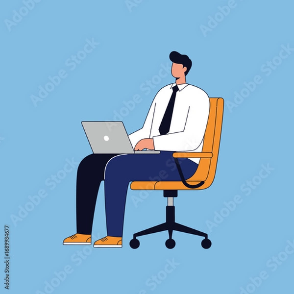 Fototapeta A person sitting at a desk with a laptop, dressed in formal attire.