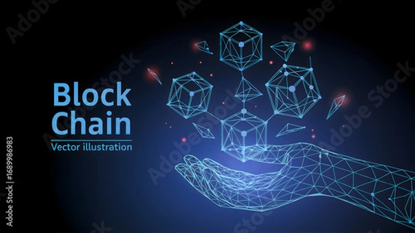 Fototapeta Blockchain technology connecting global data with secure wireframe hand