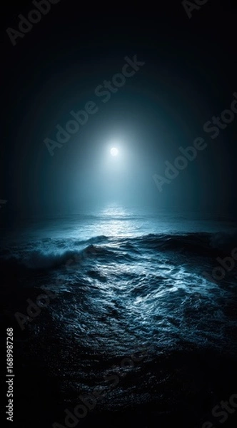 Obraz Moody ocean scene a bright moon shines on choppy, dark blue waves under a clouded sky. Water reflects the light, creating an ethereal, dramatic atmosphere