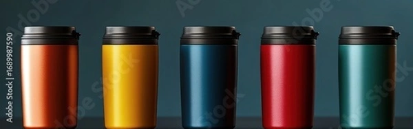 Fototapeta Five colorful insulated travel coffee cups with black lids lined up against a dark teal background evoking a sleek and modern vibe