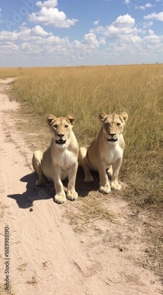Obraz Two lionesses sit side-by-side in the savannah, posing on a dirt track with tall golden grass and a partly cloudy blue sky behind them
