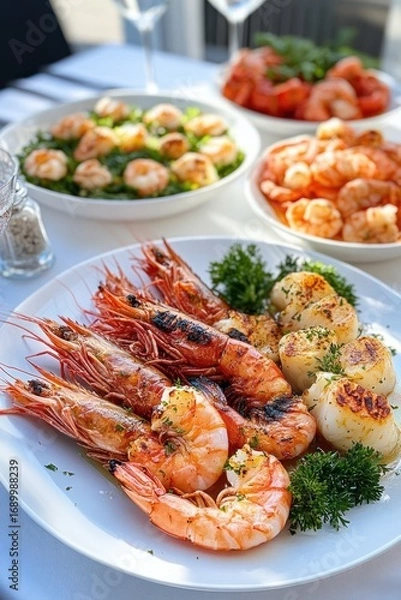 Fototapeta Grilled seafood platter with shrimp and scallops garnished with fresh parsley served on a white plate with additional shrimp dishes in the background on a dining table