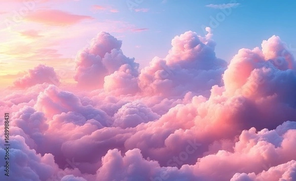 Fototapeta Soft fluffy pink and purple clouds illuminated by warm sunlight with a clear blue sky in the background, evoking a peaceful and dreamy atmosphere