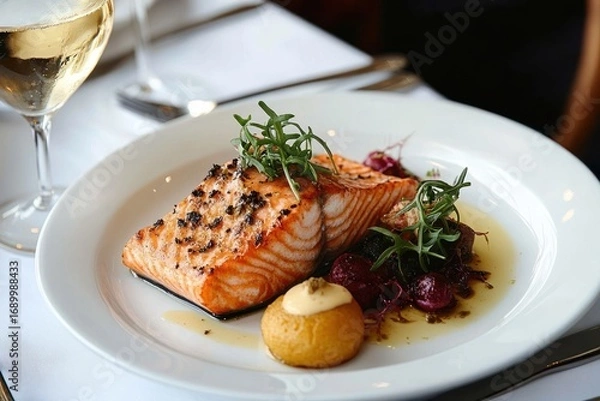 Fototapeta Plate of grilled salmon garnished with fresh herbs, served with roasted grapes and a dollop of creamy sauce, accompanied by a glass of white wine on a white tablecloth