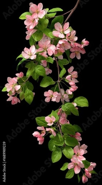 Obraz A branch adorned with soft pink blossoms and vibrant green leaves, cascading down against a stark black backdrop. Delicate floral nature illustration