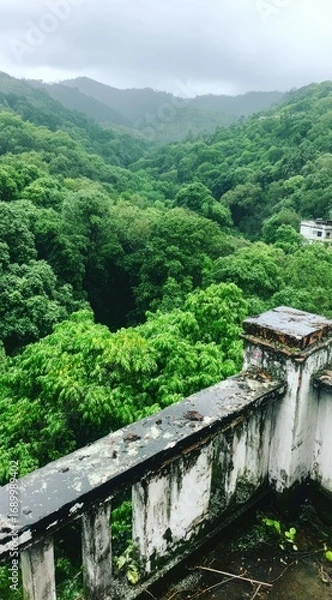 Obraz Overlooking a verdant valley from a weathered balcony with peeling paint, set against a backdrop of misty mountains under an overcast sky