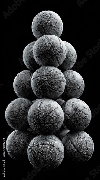 Obraz Stacked basketballs in pyramid formation, textured gray stone-like look against a stark black background. Creates abstract, artful visual texture
