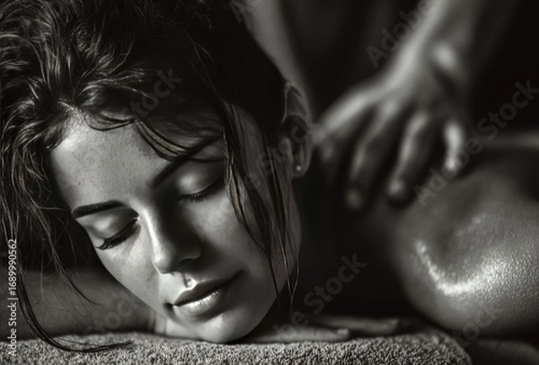 Obraz A woman receives a massage; the hands of another person are giving a back rub in a soft, high-contrast, monochrome setting, with a focus on relaxation