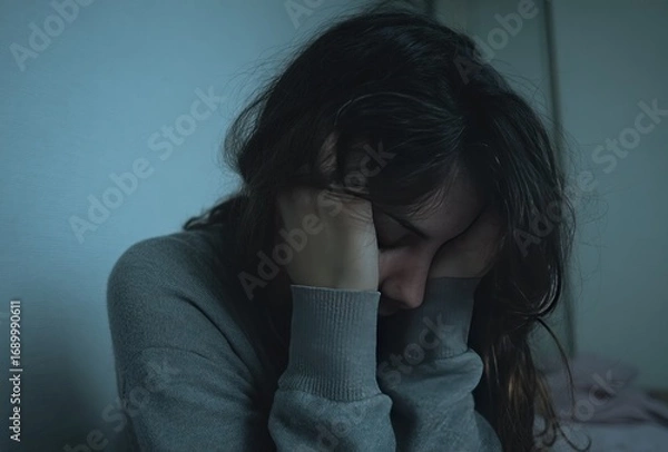 Obraz A dark, somber portrait of a young woman with long, loose hair, hands covering her face, in an expression of distress, rendered in soft, blue-gray tones