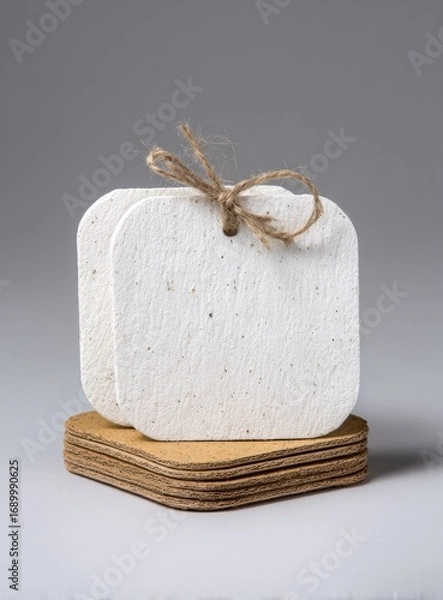 Obraz A stack of brown, square coasters with rounded corners is topped by white, textured tags tied with twine, all against a light gray background