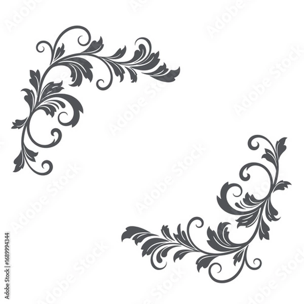 Fototapeta Decorative floral corner elements in dark gray on a white background.