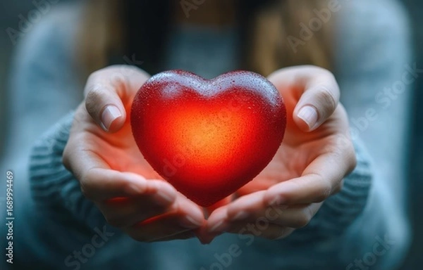 Fototapeta Close-up of hands gently holding a glowing, wet red heart-shaped object symbolizing care and warmth