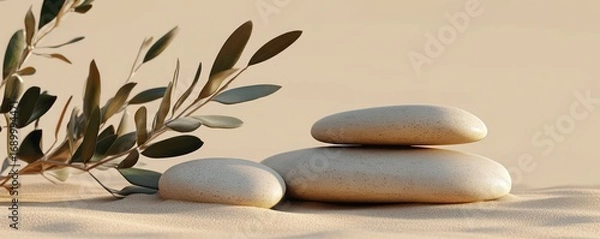Fototapeta three smooth beige stones stacked on fine sand with a green leafy branch laying beside them against a soft beige background evoking calm and balance