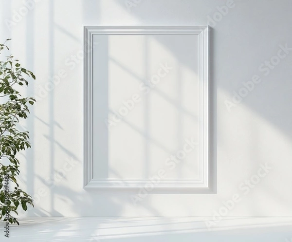 Fototapeta Minimalist interior with an empty white picture frame casting soft window grid shadows on a white wall beside a green leafy plant