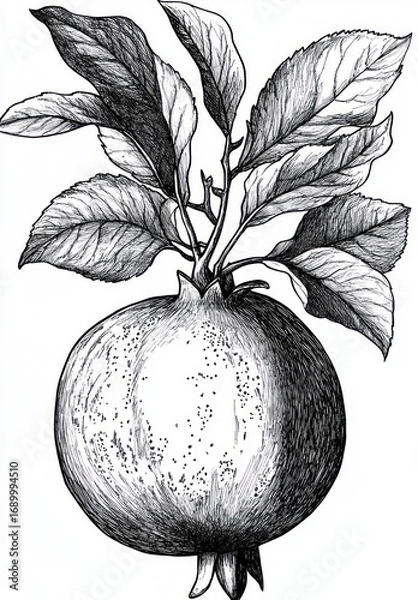 Fototapeta Detailed black and white ink drawing of a pomegranate fruit hanging from a branch with multiple textured leaves showing intricate veins and shading