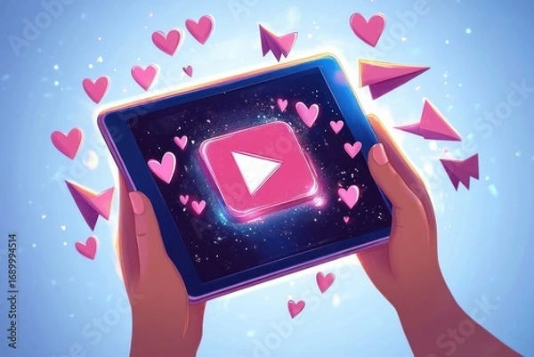 Fototapeta Close-up of hands holding a tablet displaying a glowing play button surrounded by floating pink hearts and paper airplanes against a light blue background, evoking feelings of connection and affection