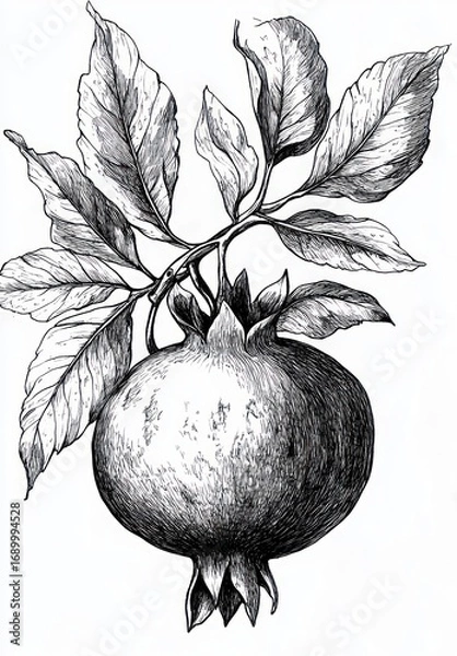 Fototapeta Detailed black and white ink drawing of a pomegranate fruit hanging from a branch with multiple textured leaves, showcasing intricate line work and natural botanical elements