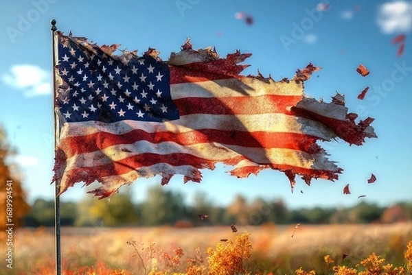 Fototapeta tattered and torn american flag fluttering on a pole with pieces flying off in a bright autumn field under blue sky