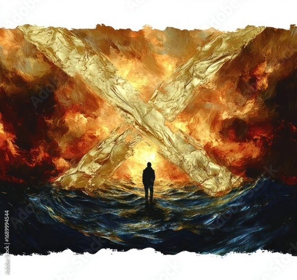 Fototapeta Silhouette of a person standing on turbulent waves facing a fiery sky with large golden cross shapes merging into the background, conveying a dramatic and intense atmosphere