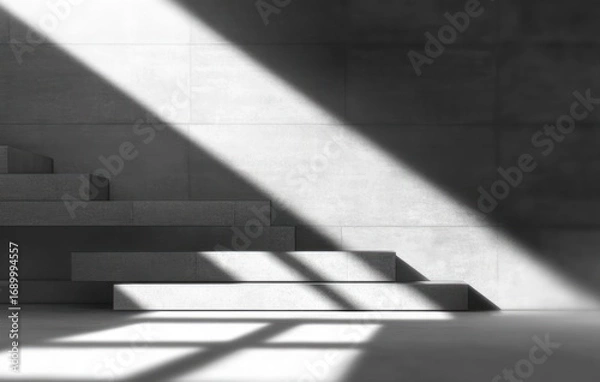 Fototapeta Minimalist concrete stairs with sharp diagonal sunlight casting geometric shadows on wall and floor, creating a serene and contemplative atmosphere