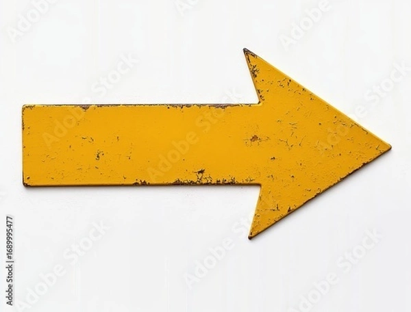 Fototapeta worn yellow metal arrow pointing right on a white textured background