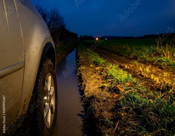 Fototapeta Nighttime view of a car parked near a puddle on a muddy, unpaved road
