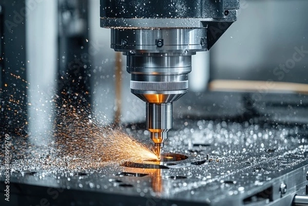 Fototapeta Close-up of a CNC milling machine cutting a metal workpiece with bright orange sparks flying around, illustrating industrial precision and dynamic motion