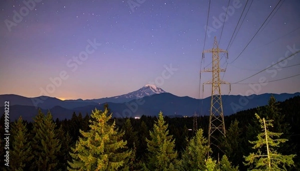 Fototapeta Nighttime view of a snow-capped mountain behind a powerline and evergreen trees