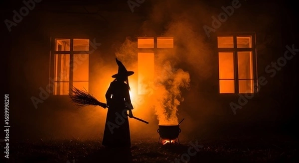 Obraz Silhouette of a witch in a pointed hat and cloak holding a broom, standing beside a bubbling cauldron emitting smoke in front of a dark building with glowing windows.