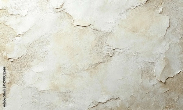 Fototapeta Close-up of a textured beige wall with peeling and cracked paint revealing rough underlying surface
