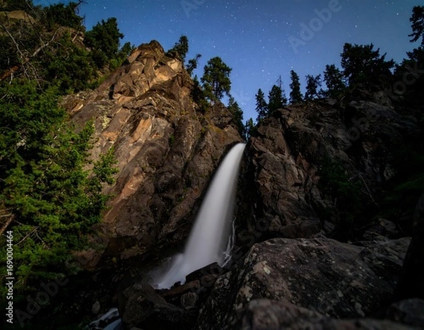 Fototapeta Nighttime waterfall cascading down a steep, rocky cliff face, surrounded by evergreen trees under a starry sky